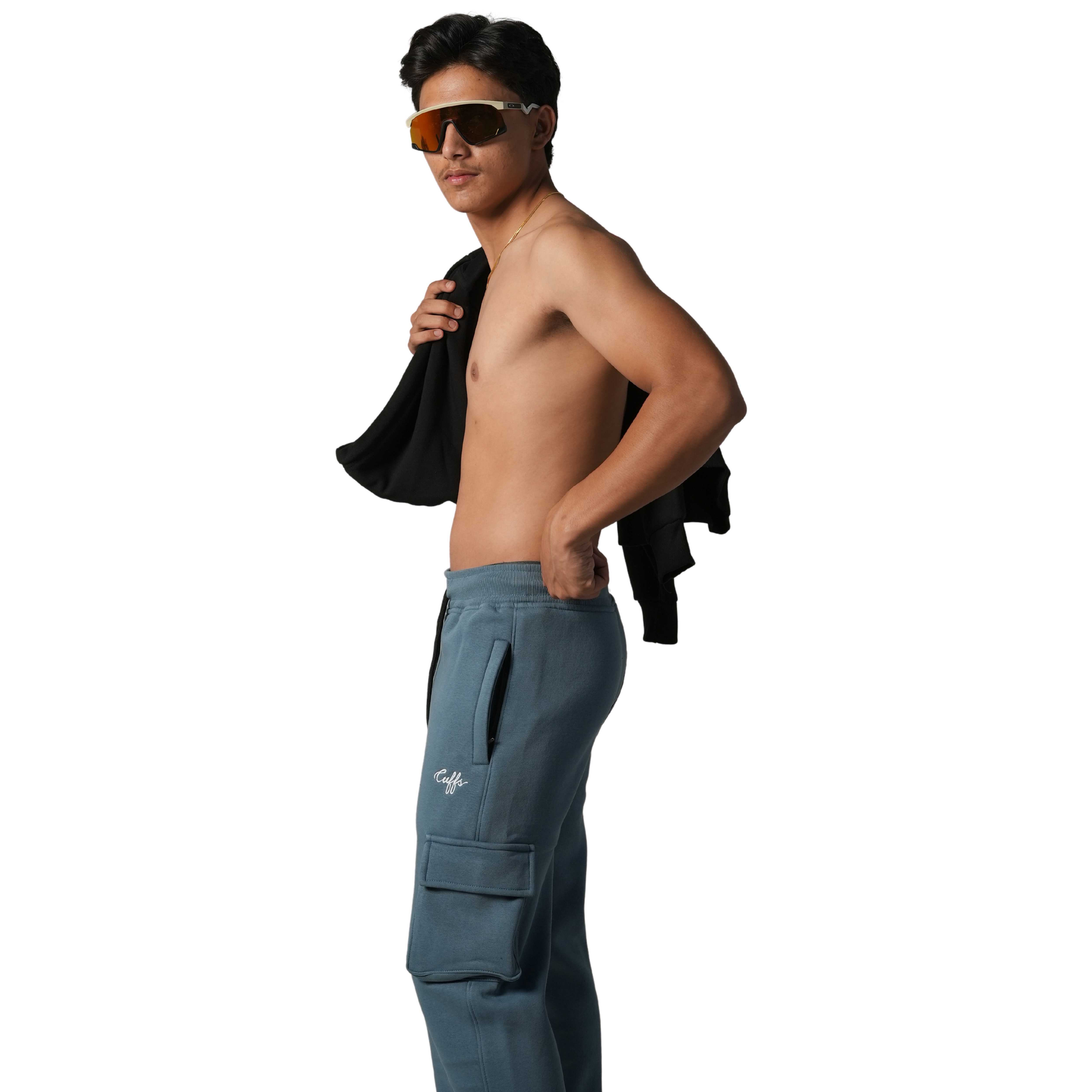 Cuffs Premium Men's Cargo Lower – Dusty Blue | 100% Cotton Fleece, Functional and Stylish